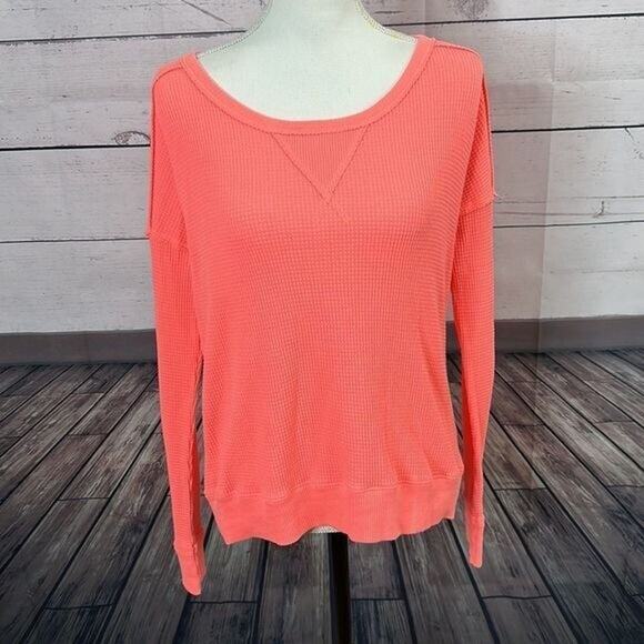 We The Free Shirt Womens XS Pink Orange Vibrant Waffle Boxy Boho Peasant Thermal - Picture 3 of 11
